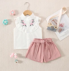 Summer New Girls' Two-Piece Set Lace Flower Embroidery Bow Two-Piece Set Loose Casual Two-Piece Shorts