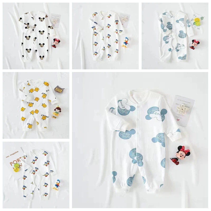 Spring Autumn Baby Rompers Boy Girl Newborn Jumpsuit Cartoon Mickey Mouse Donald Pooh Long Sleeve Toddler Kid Cotton Clothes