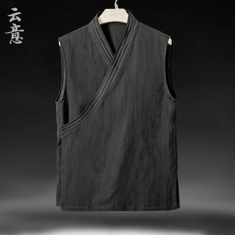 

Summer Thin Cotton Linen Chinese Sle Men's Vest Tang Costume Buddhist Layman's Clothing V-Ne Loose Fit Casual Jaet