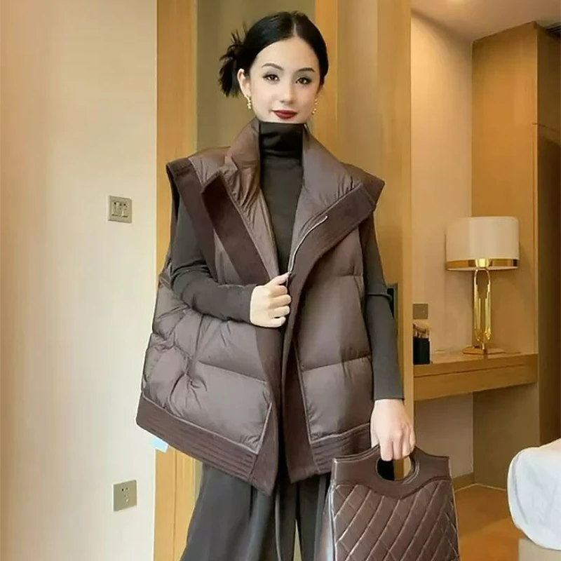 

300-фунтов, большой пуховый хлопковый жилет с воротником-стойкой для женщин, осень/зима, новый стиль, жилет на молнии в стиле пэчворк