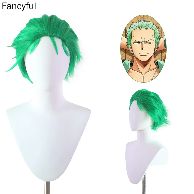 Anime Wigs Slicked-back Green Wig Temperament Short Layer Roronoa Zoro Comic Cosplay Wigs Synthetic Hair + Free Wig Cap