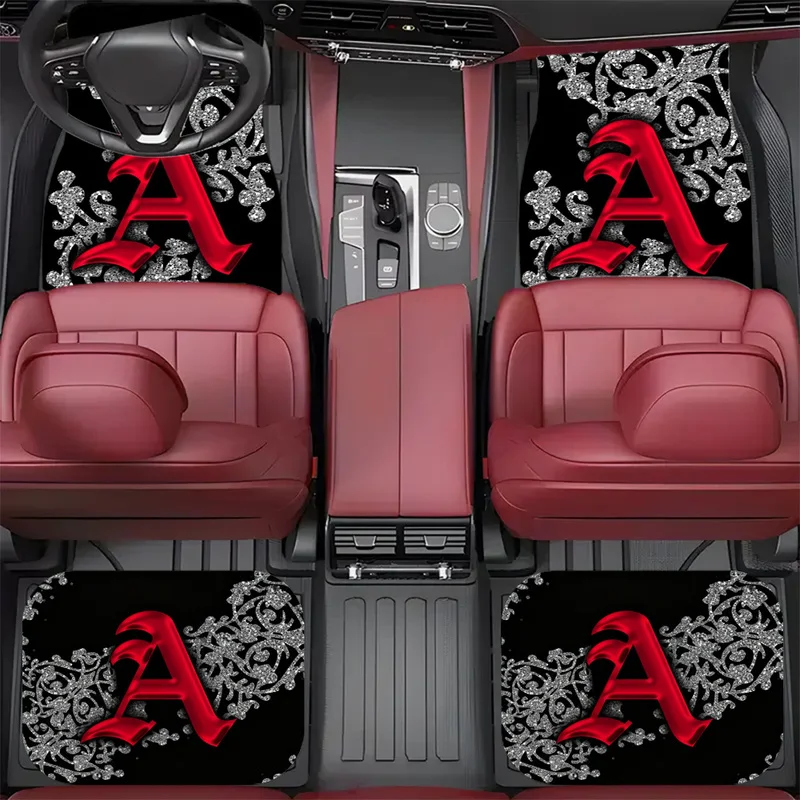 4Pcs Car Floor Mats, Black Silver Glitter Floral With Red Letter A, Bling Car Accessories For Women, For Car Interior