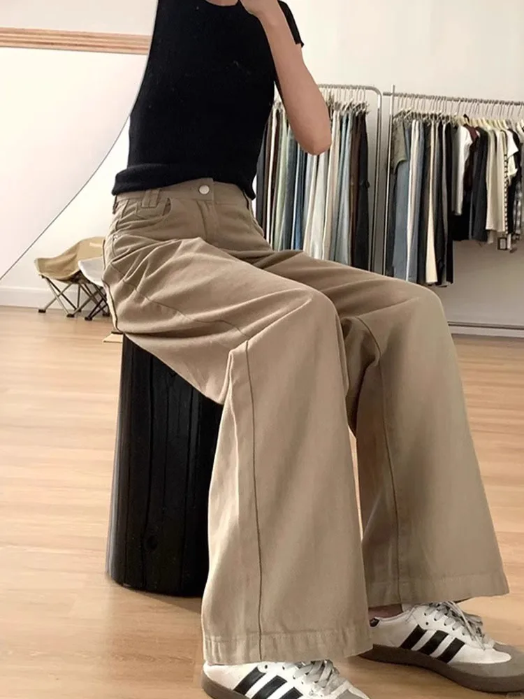 Damskie szerokie jeansy khaki z wysokim stanem, luźne, proste spodnie do ziemi, jesienne, nowe, plus size, wyszczuplające, uniwersalne, codzienne.