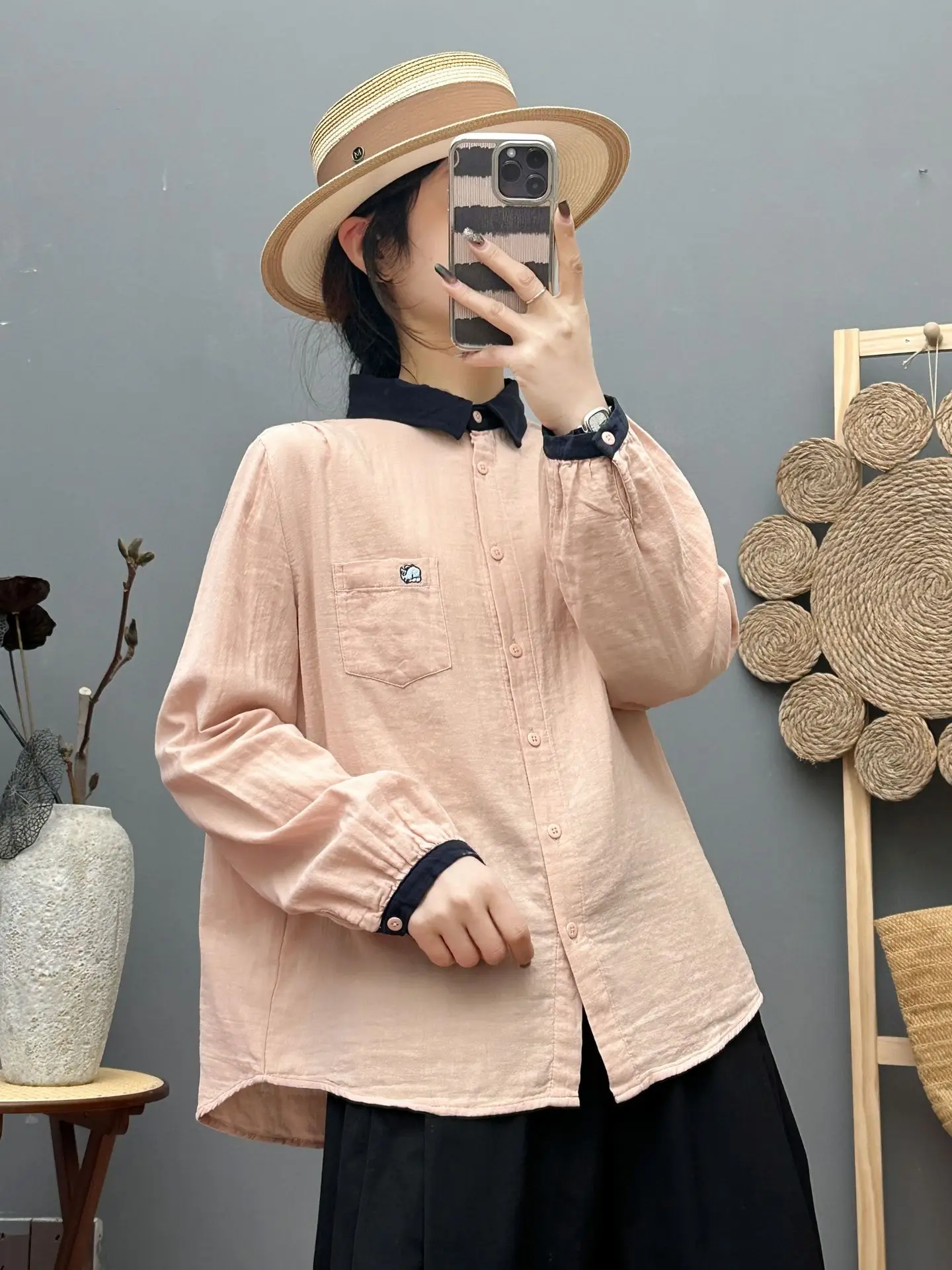 ใหม่2025ฤดูร้อนเส้นด้ายฝ้ายเสื้อแขนยาวผู้หญิงTurn-Down Collar Patchwork, Moriสาวเรียบง่ายนุ่มหลวมเสื้อt54815CC