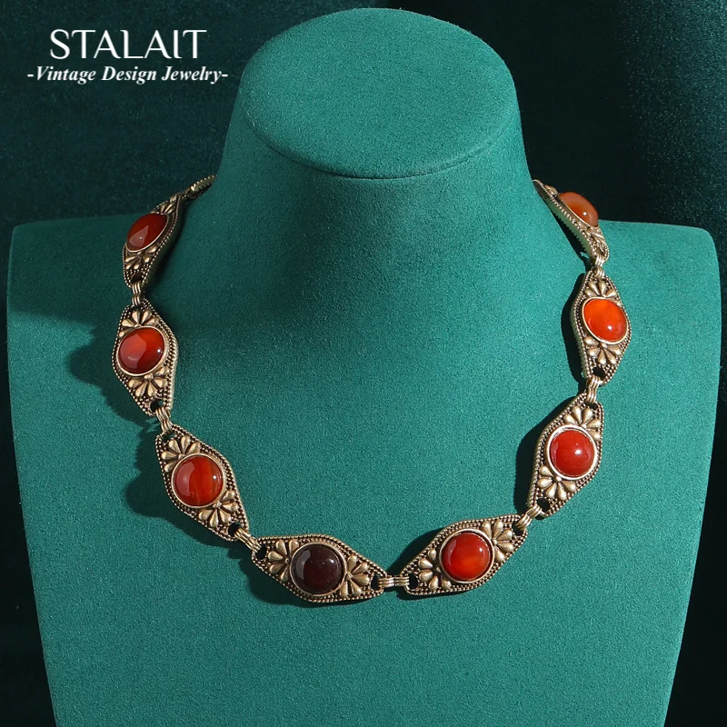 

Vintage Collar Choker Black Red Natural Stone Necklace Woman Yellow Blue Glass Eye Antique Gold Color Chain Luxury Dubai Jewelry