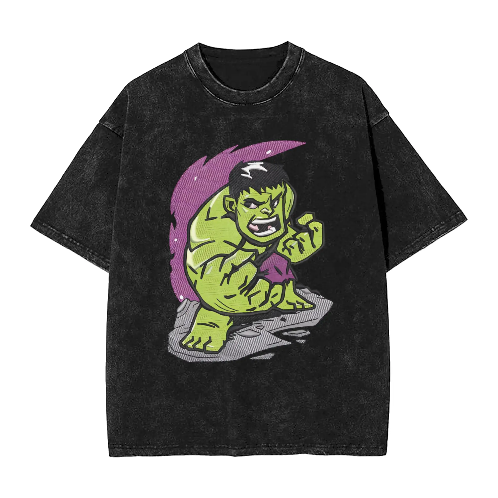 Hulk Chibi Embroidery Men's T Shirt Washed  Vintage Tee Shirt Short Sleeve O Neck T-Shirts 100% Cotton Plus Size Clothes