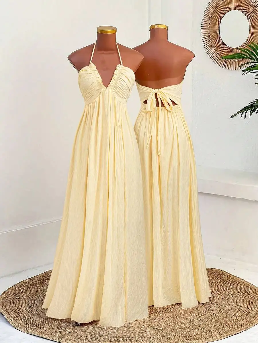 

Yellow Halter Neck Maxi Dress with Ruched Bodice and Back Tie Detail