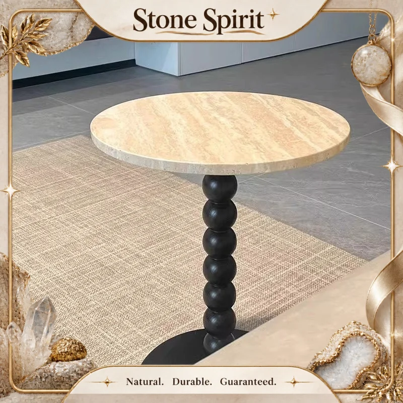 【Natural】French Nordic Wabi-sabi Travertine & Solid Wood Round Side Table, Designer Furniture for Home & B&B