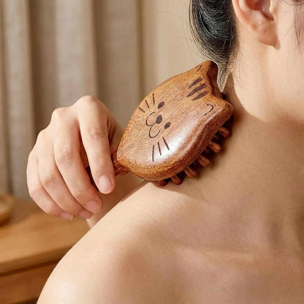 Gold Thread Sandalwood Detangling Brush Massage Comb Creative Cartoon Cute Cat Long Hair Comb Home Use Thick Tooth Comb