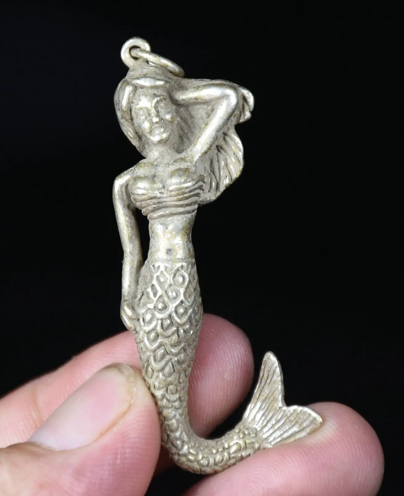 6CM Rare Old Chinese Miao Silver Feng Shui Mermaid Belle Lucky Pendant