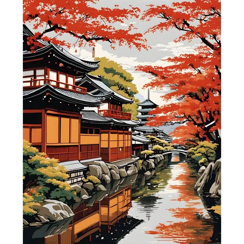 Japanese style housing and trees by river painting by numbers kit