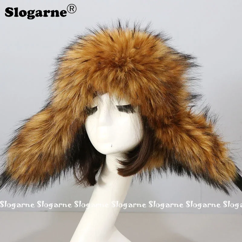 Women's Russian Ushanka Aviator Trapper Snow Skiing Hat Caps Earflap Winter Raccoon Fur Bomber Hat Thick Warm Faux Fox Fur Hat