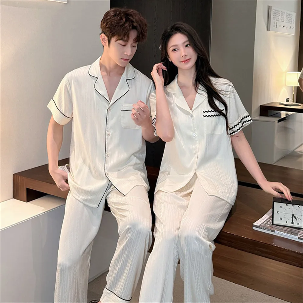 

Couple Men Women Pajama Sets Sleepwear For Sleeping Shirt Silk Short Sleeve Pants Pyjama Male Home Night Wear Loungewear