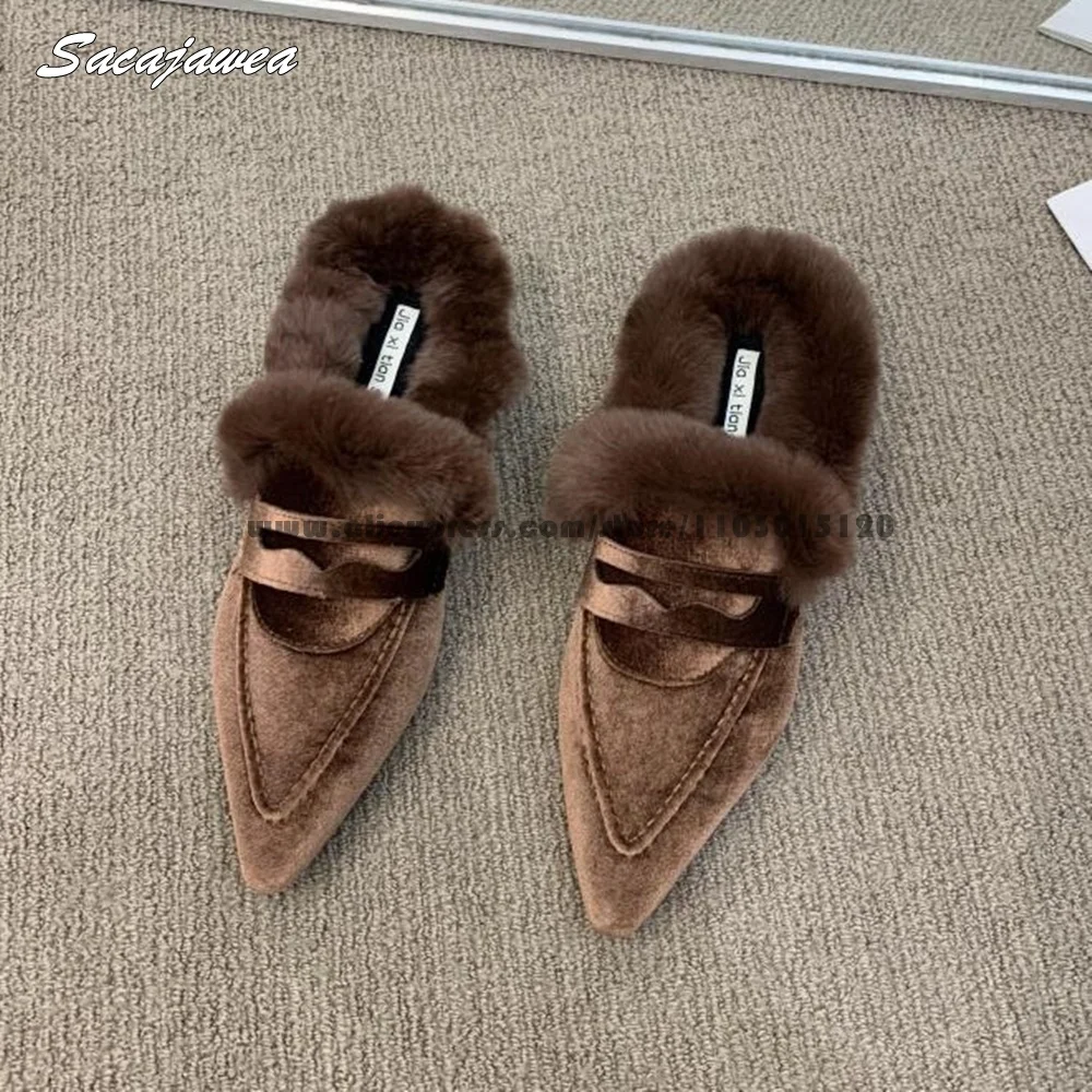 2025 New Fashion Pointed Toe Short Plush Lady Mules Solid Shallow Slip-on Grace Women Mules Size 35-39 Casual Shoes