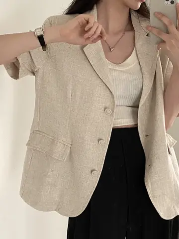 캐주얼 셔츠 재킷 여성 여름 신상 빈티지 스타일 카라 단추 루즈핏 캐주얼 반팔 면마 셔츠 재킷 셔츠 자켓 셔츠 재킷