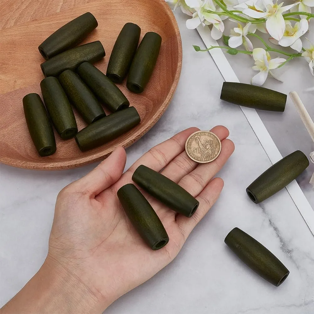 14개 나무 타원형 구슬 1.9x0.7인치 구멍 8mm 다크 올리브 그린 우드 루즈 스페이서 구슬 염색된 나무 스페이서 구슬 DIY용