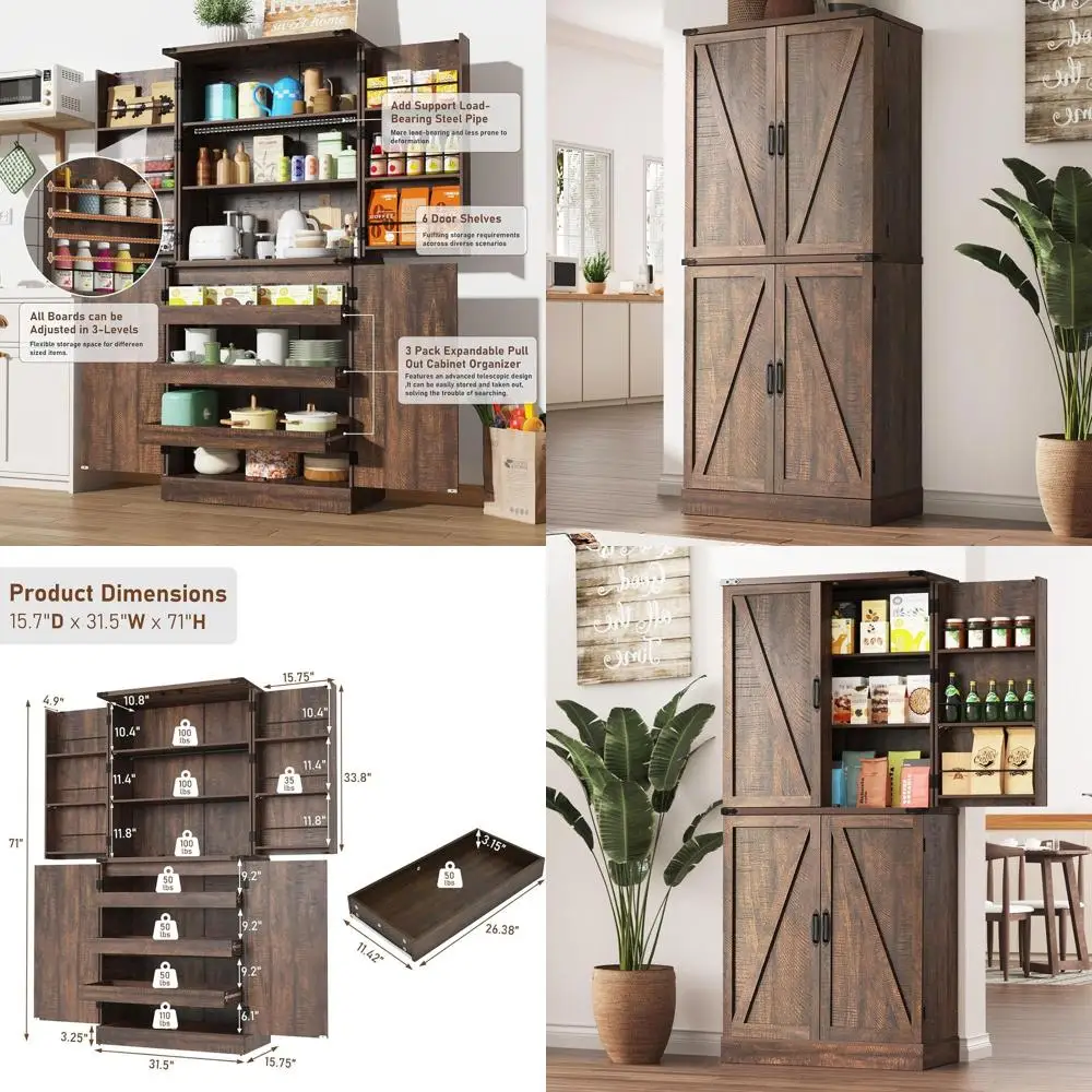 

Высокий деревянный шкаф для хранения 71 дюймов с 6 дверцами и полками, стальными трубчатыми опорами, органайзер для кладовой и кухни (коричневый)