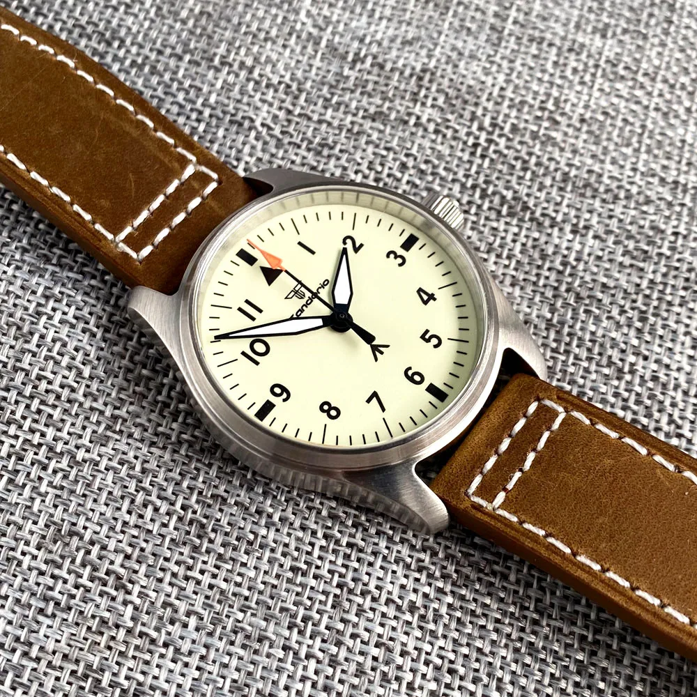 Tandorio 39mm Pilot 200M Automatic Watch Men Beige Full Green Lume Dial NH35A PT5000 Sapphire Crystal Screw Crown Leather