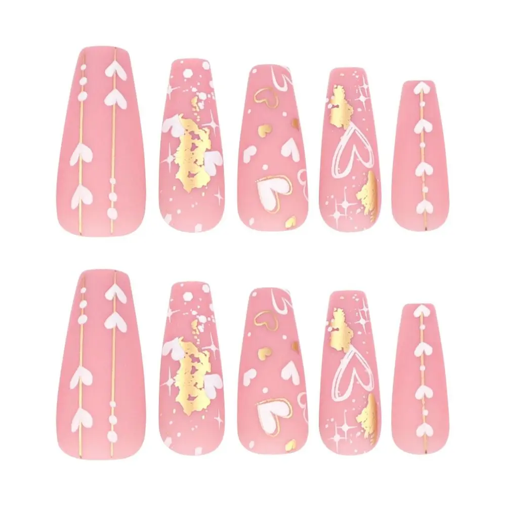 Fashion Long Ballerina False Nails Gold Heart Starburst French Nail Tips Detachable Full Cover Fake Nails DIY