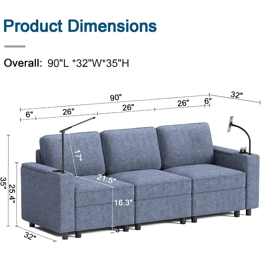 Modular Sectional Sofa,with Storage, Armrest with Power Grommet and Cup Holder, Wireless Charging Stand ,Living Room Sofa