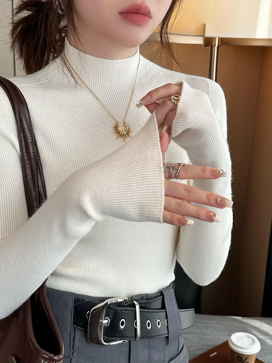 محبوك قميص المرأة البلوز سترة قاع القمصان الخريف الشتاء الإناث طويلة الأكمام وهمية الرقبة مطاطا سليم البلوزات متماسكة القمم