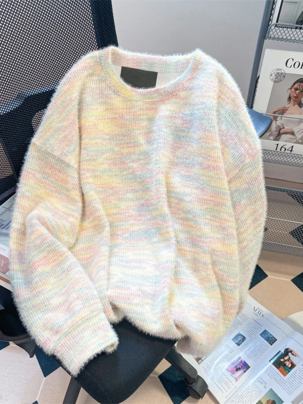 

Extra Large 300 Pou Rainbow Striped Men's Knitwear Casual Loose Couple Sweater American Sle Long Sve round Ne