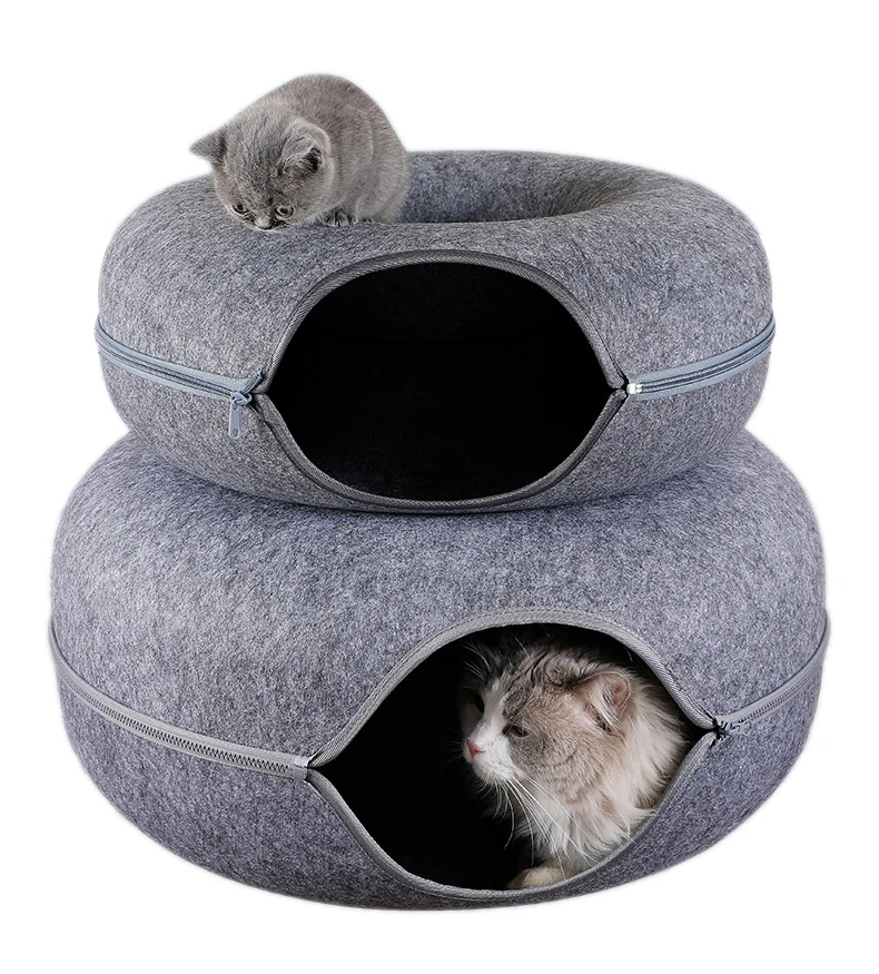 Donut Katze Tunnel Bett Haustiere Haus natürlichen Filz Haustier Katze Höhle interaktives Spielzeug Runde Wolle Filz Haustier Bett Katze Training Spielzeug Katzen haus – Detail 3