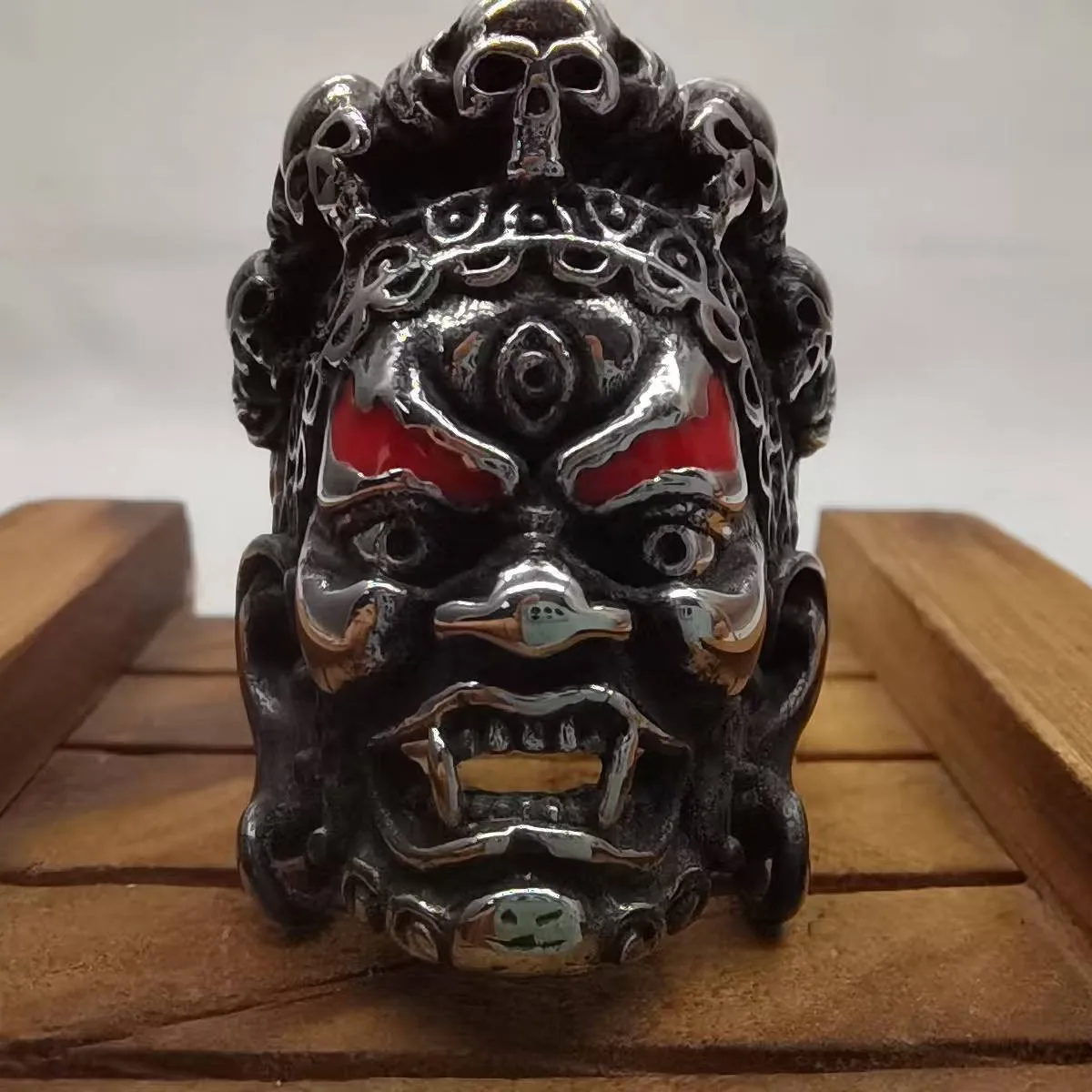 Tribal Mask Wide Statement Ring for Men Stainless Steel Gothic Demon Face Carved Biker Finger Jewelry