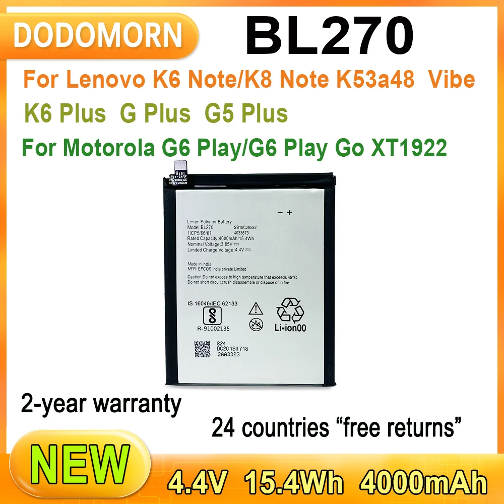 

NEW BL270 Battery For Lenovo K6 Note/K8 Note K53a48 Vibe K6 Plus G Plus G5 Plus For Motorola G6 Play/G6 Play Go XT1922 Series