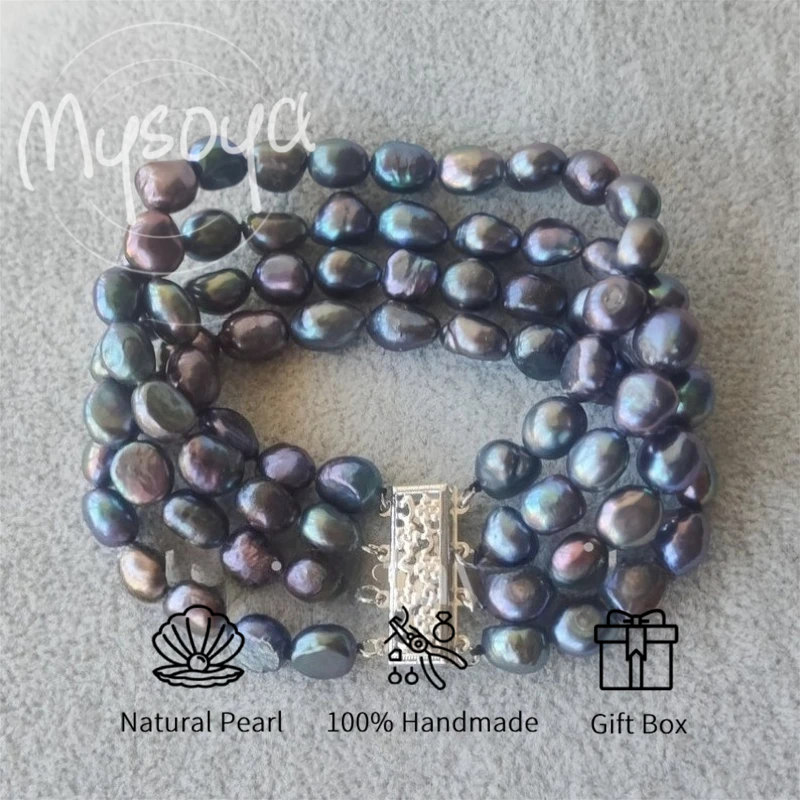 

MYSOYA четырехслойный черный браслет с пресноводным жемчугом в стиле барокко и павлином 7-8 мм с подарочной коробкой для нее/им на день рождения, свадьбу