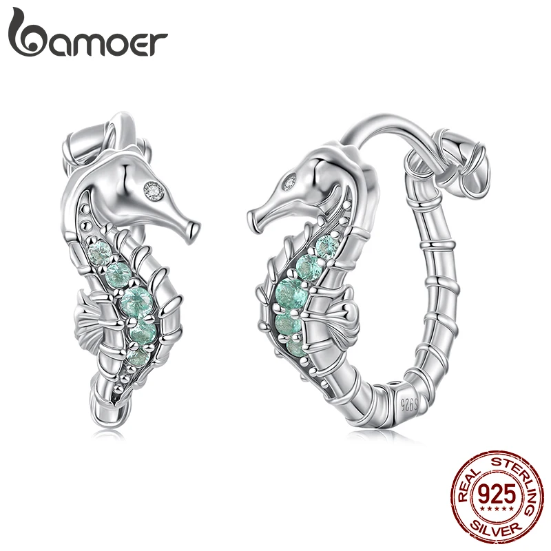 

Bamoer 925 Sterling Silver Seahorse Earrings Zircon Inlaid Hoop Ocean Animal Jewelry for Women perfect Birthday Anniversary Gift