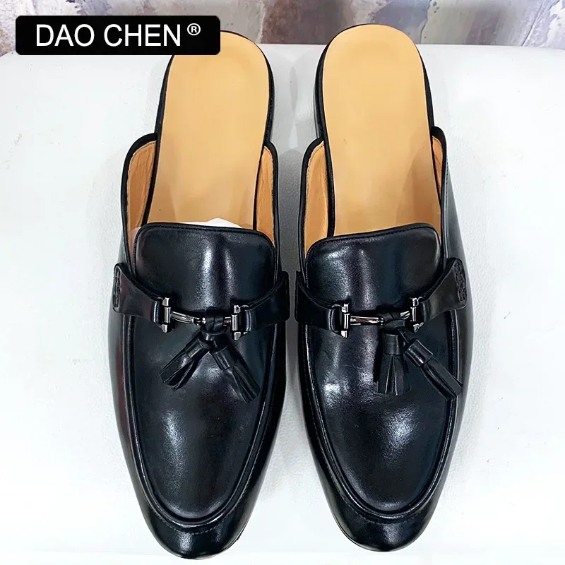 DAOCHEN BRAND MEN SHOES BLACK BROWN TASSEL SLIP ON HORSEBIT CASUAL MENS DRESS SUMMER GENUINE LEATHER HALF SHOES FOR MEN