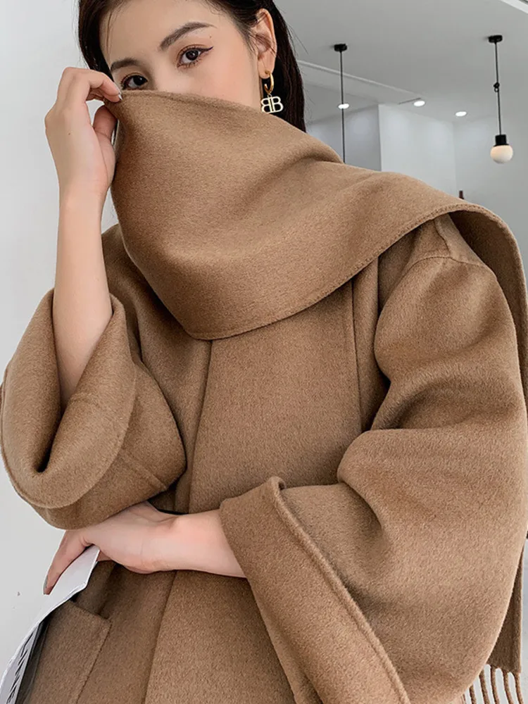 LANMREM Scarf Collar Double Sided Wool Coat Korean Style Medium Long Solid Color Overcoats Female Luxury Clothing 2R9670