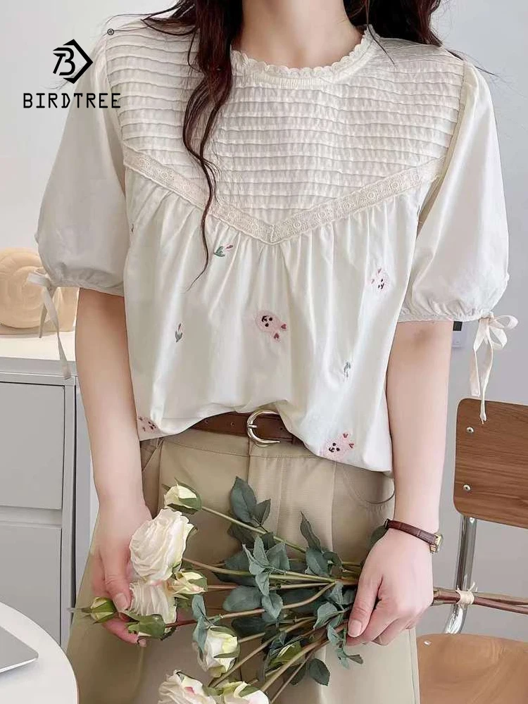 

New Summer Cotton Casual Short Sleeve Shirt Women O Neck Fold Tops Girl Loose Sweet OL Embroidery Blouses 2024 Autumn T45012QC
