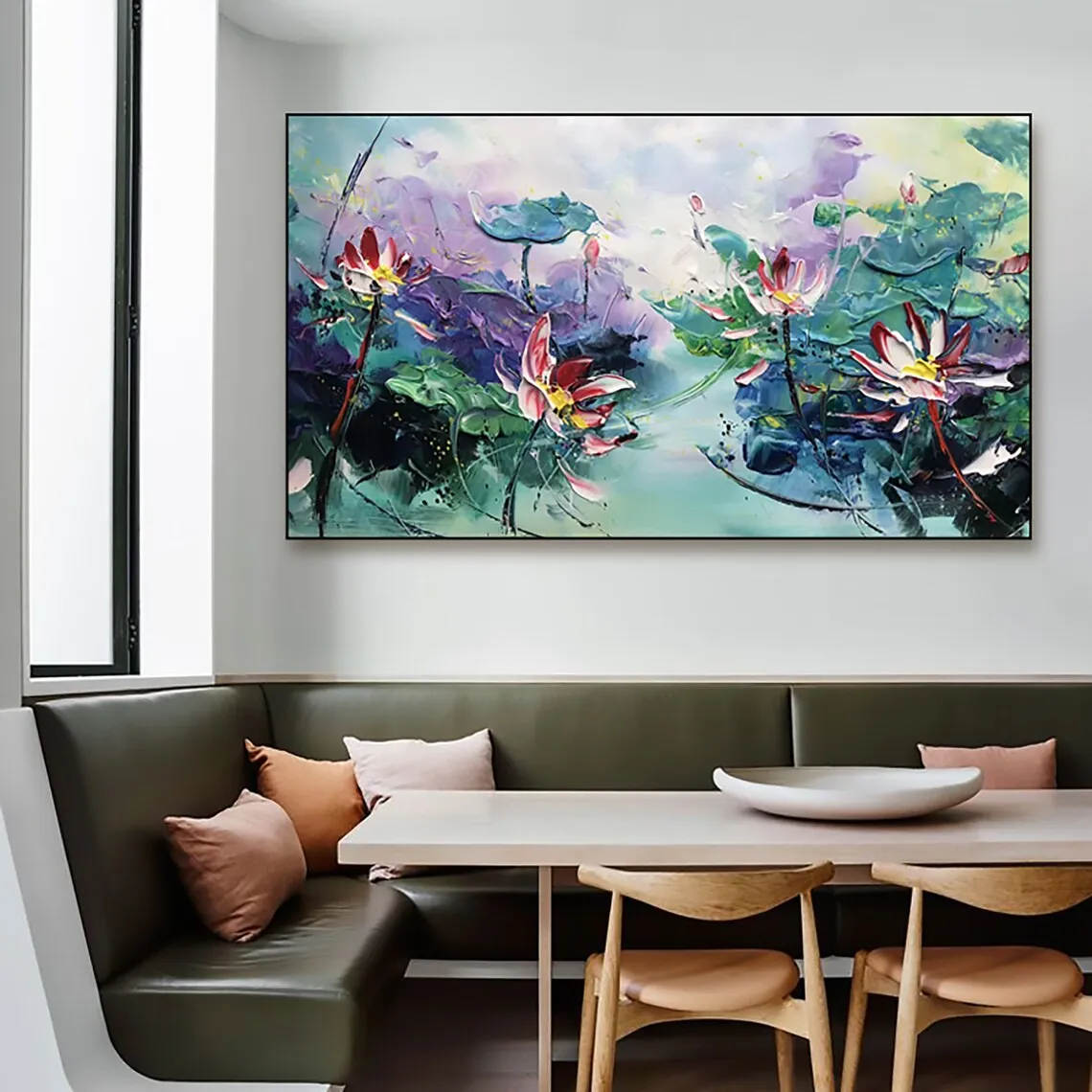 

Blossom Lotus Flower Hand Painted Oil Painting Large Abstract Green Floral Landscape Acrylic Painting Living Room Wall Art Home