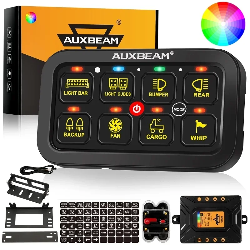

Auxbeam RGB 8-клавишная панель переключателей, тумблер/мгновенный/импульсный режим, поддерживаемая электронная релейная система для внедорожника, UTV, каравана