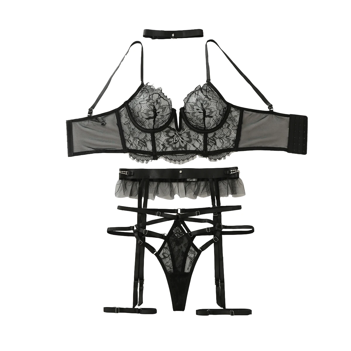 

MUZISKAT 2026 new mesh sexy low cut V-neck see through lace lace lace shaping underwear five piece set