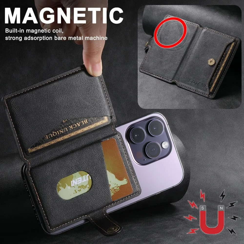 Leather Wallet Phone Mag-safe Magnetic Card ID Holder for iPhone 17 16 15 14 Pro Max Plus Universal Magnet Pocket Case Cover Bag