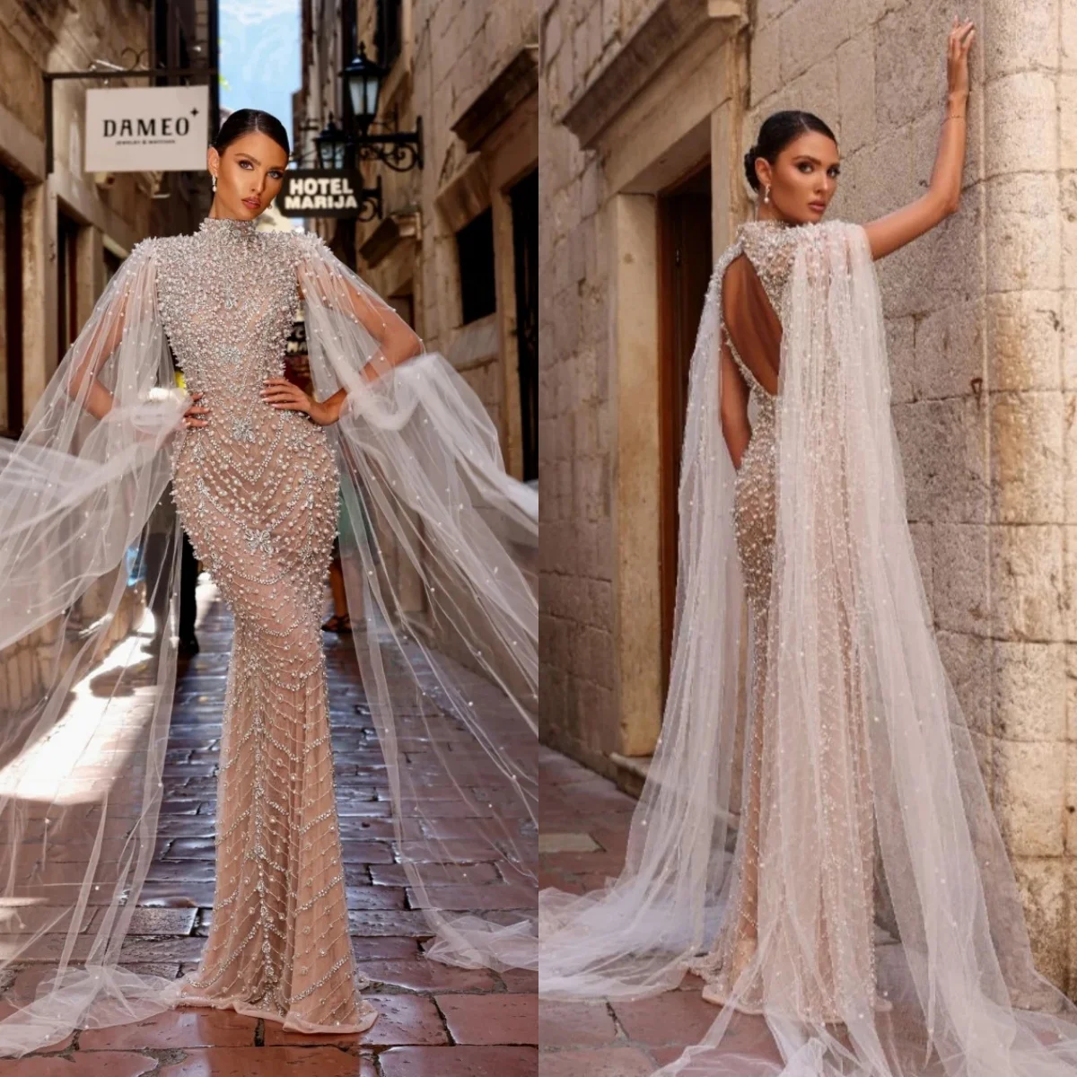 Moda alta pescoço bainha vestido de casamento pérolas miçangas renda vestido de noiva sem costas até o chão personalizado vestidos de novia