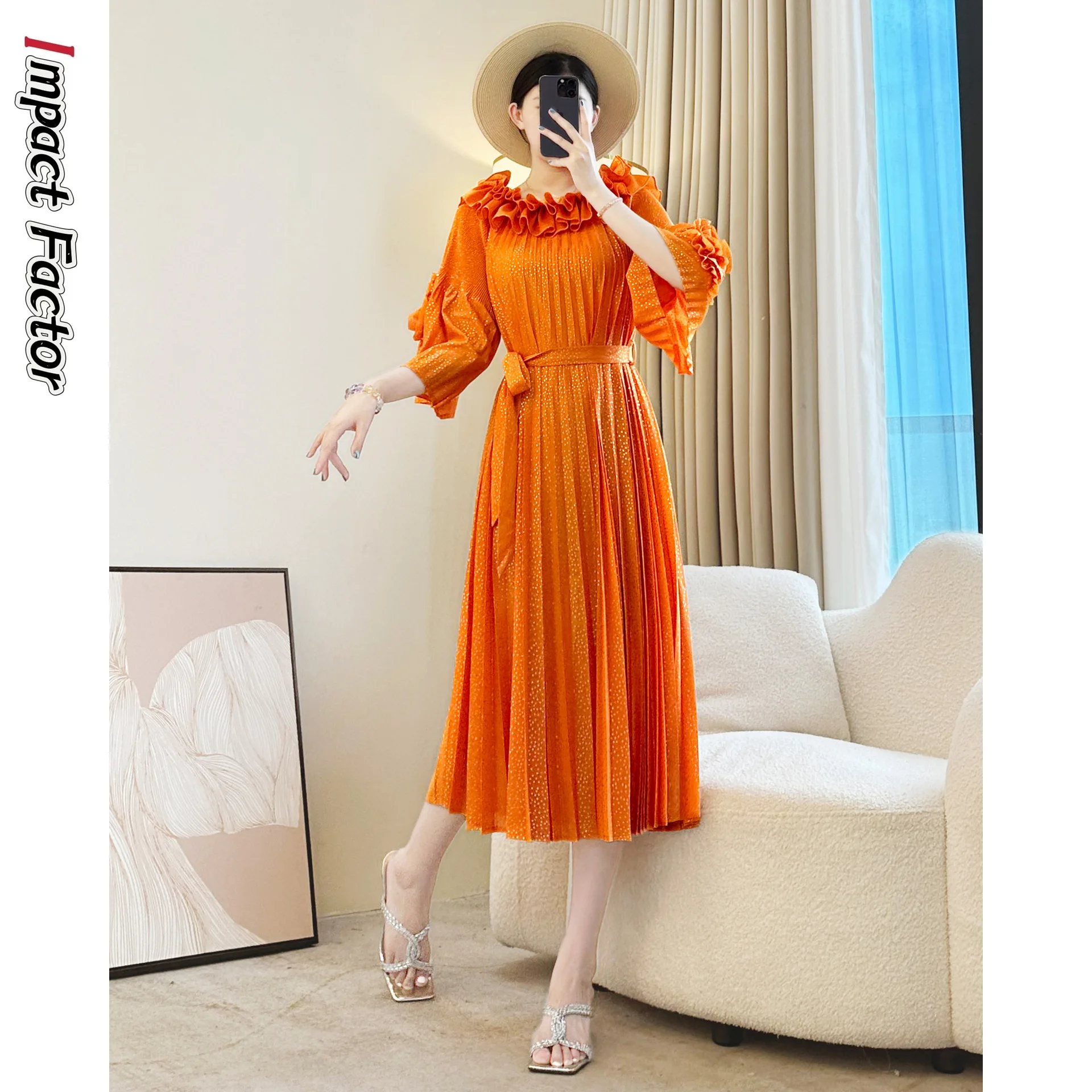 Herfstmode Miyake Geplooide Losse Jurk Effen Kleur Elegante Zevenkwart Mouw Dameskleding Middellange en Lange Jurk