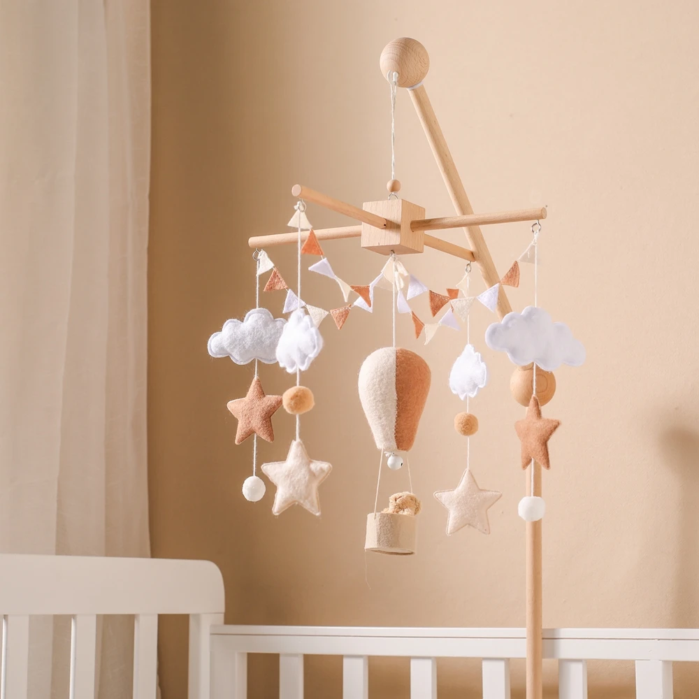 ทารกแรกเกิดไม้ Rattles ของเล่นเด็กทารก Crib Mobile Bed Bell Soft Felt บอลลูนร้อนทารกแรกเกิดเพลง Bed Bell แขวนของเล่น Crib Bracket