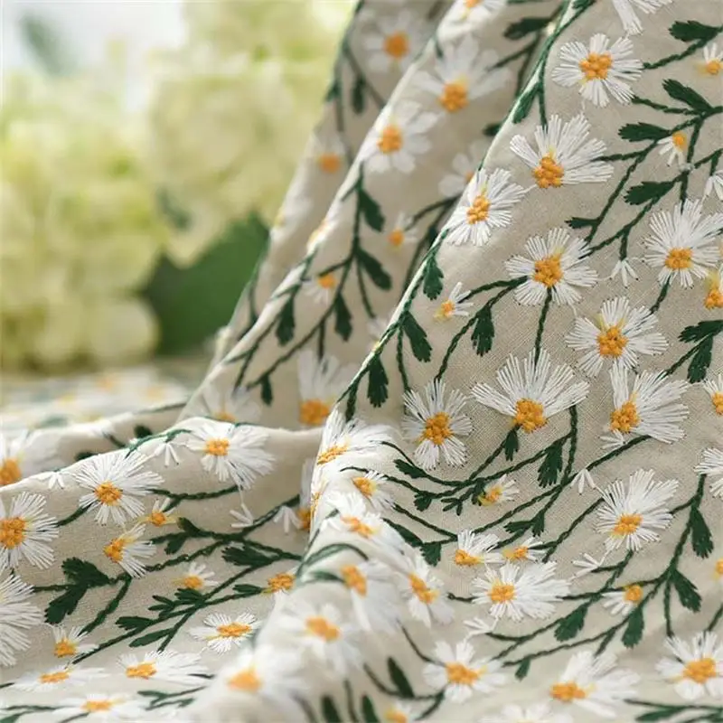 Daisy Cotton Linen Embroidered Fabric Handmade Dress Bag Sewing Home Tablecloth Cushion Decorative Fabric