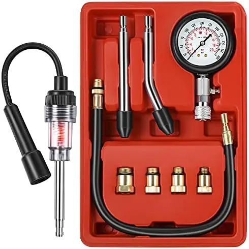 

9-Piece Auto Compression Tester Kit for Car & Motorcycle Engines - Universal Cylinder Pressure Gauge (Red)