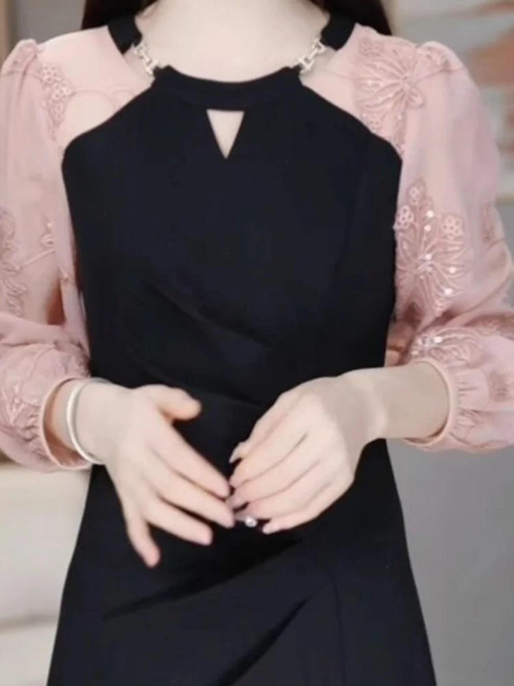 Ele emendado longo sve midi dr feminino faion primavera outono novo sle ladylike tamanho grande camada base saia de comprimento médio