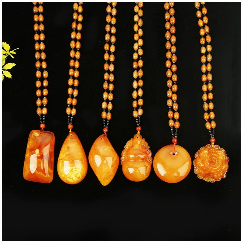 Chinese Yellow Beeswax Sweater Necklace Water Drop Flowers Gourd Leaves Amber Pendant Necklace Men Women Jewelry Sweater Chain