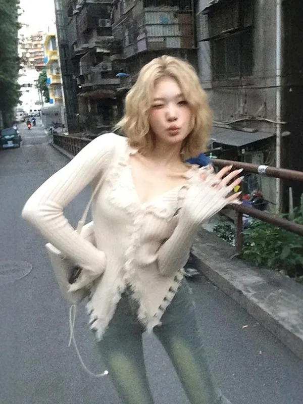 Amerykański sweter z frędzlami, seksowny, dzianinowy płaszcz damski, jesienno-zimowy, dopasowany, z rozcięciem, piękny bazowy sweter, dzianinowy top