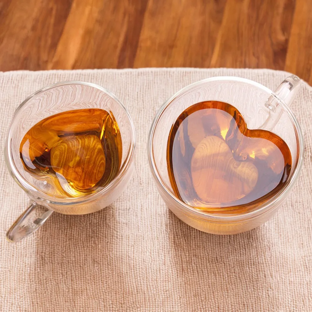 Double Layer Heart-shaped 240ml/180ml Lovely Cute Glass Tea Beer Juice Cup - High Quality Heat-Resisting Coffee Cups Mug for Gif