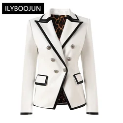 Unique Fall Winter Black Contrast Color White PU Leather Patchwork Jackets Leopard Printing Linging Luxuy Fashion Women Blazers