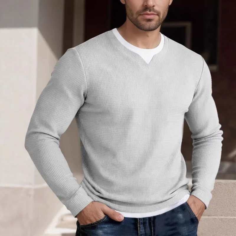 Men's Waffle Knit Fake Two Piece Long Sleeve T-Shirt Spring Casual V Neck Top view 5