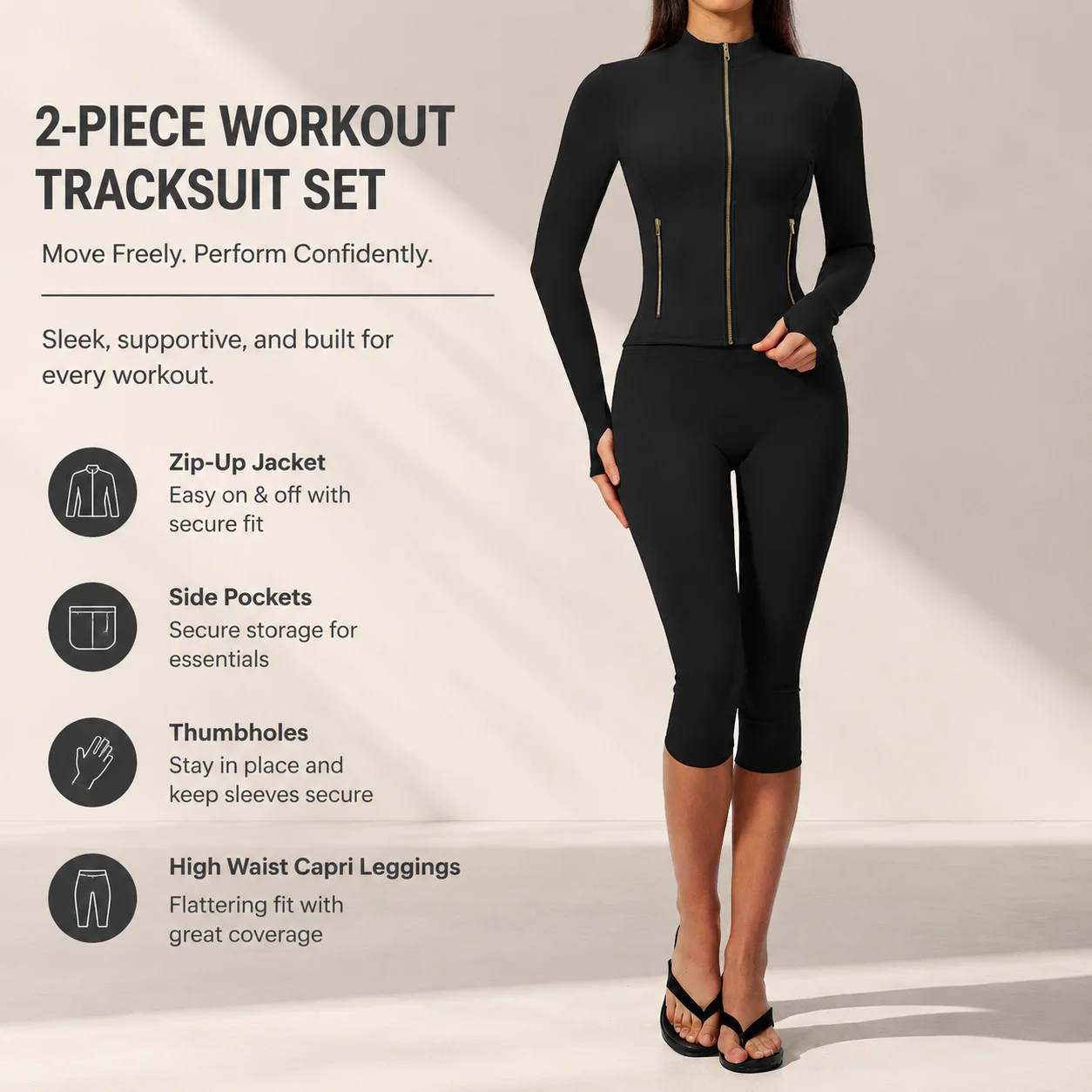 Women's Zip-Up Long Sleeve Sports Jacket and High Waist Capri Leggings Set Slim Fit 2-Piece Workout Tracksuit with Thumbholes an